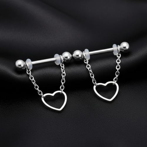 14G 2Pcs Heart Nipple Rings with Chain 316L Stainless Steel Nipple Barbells Nipple Piercing Jewelry for Women Men