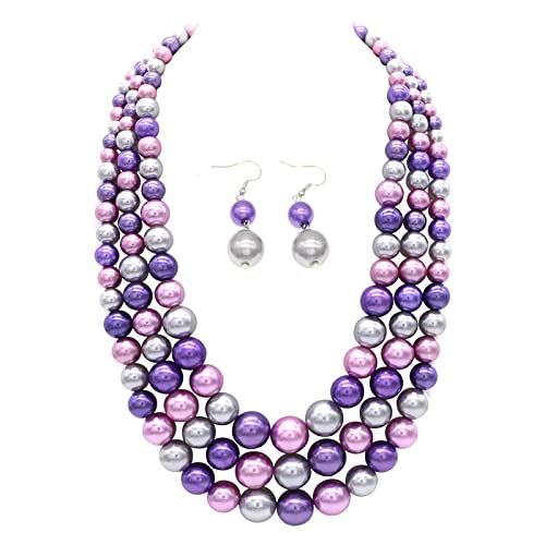 Chunky Layered Imitation Pearl Necklace for Women 3 strand Pearl Necklaces Faux Pearl Necklace Earrings Set 1920s Flapper Gatsby Costume Accessories - color: 3 strand pearl necklace purple grey