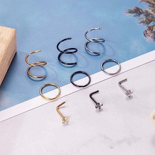 21PCS 18G 20G 22G 316L Stainless Steel Nose Rings Hoop for Women Men Double Nose Ring CZ Nose Stud Piercing Jewelry - color: 22G-Sliver+Gold+Black