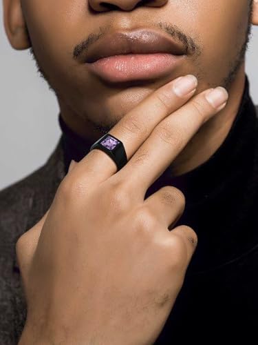 KeyStyle Square Gemstone Signet Rings for Men, Personalized Stainless Steel Pinky Ring with Black Onxy Blue Topaz Birthstone Statement Ring - color: Black - Custom Stone - 8mm