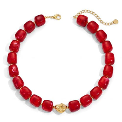 Beaded Necklaces for Women Boho Chunky Necklace Statement Big Resin Bead Choker Fashion Summer Beach Jewelry - color: Red