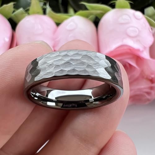 TUTISS 6mm 8mm Silver/Black/Gunmetal/Gold/Rose Gold Hammered Tungsten Rings for Men Women Couple Fashion Jewelry Engagement Wedding Bands Matte Finish Comfort Fit - color: 6mm Gunmetal Tungsten