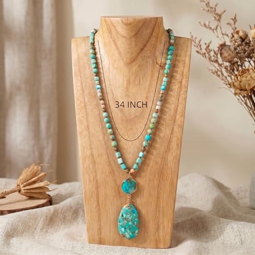Gmai Boho Necklace for Women Long Beaded Pendant Necklace Natural Stone Teardrop pendant Jewelry Festival Vacation Gift Everyday Handmade Unique Statement Necklace - color: blue