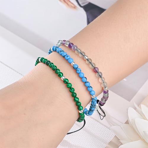 Natural Stone&925 Sterling Silver/18K Gold Anklet,│4MM│9-12 in│, Hand Woven, Adjustable Size - color: Malachite,4MM