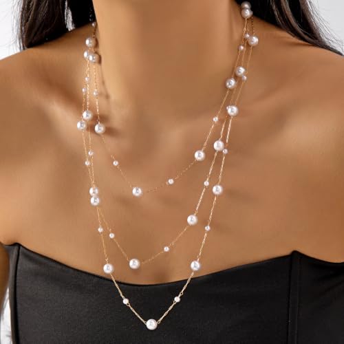 Long Layered Pearl Necklace for Women Big Large Beaded Statement Charm Necklace,Strand Multiple Strand Pearl Choker, Shirt & Sweater Wedding Party Jewelry Gifts - color: Pearl-Three