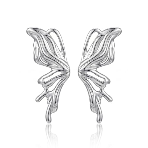 Chunky Gold Plated Flower Statement Drop Earrings for Women | Hypoallergenic 18K Gold Plated Textured Petal Wing, Large Statement Dangle Earrings for Wedding Party - color: Silver Butterfly-1