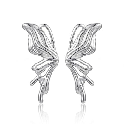 Chunky Gold Plated Flower Statement Drop Earrings for Women | Hypoallergenic 18K Gold Plated Textured Petal Wing, Large Statement Dangle Earrings for Wedding Party - color: Silver Butterfly-1