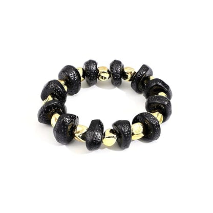 GOOJIDS Simple Beaded Gold Plated Bangles Bracelet Chunky Bamboo Tube Curved Stacking Clear Acrylic Colorful Beads Stretchable Gold Plated Bracelets Set For Women - color: D-Black&Gold Bracelet