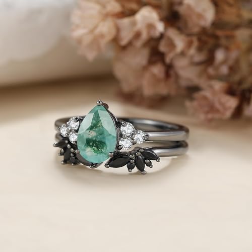 Moss Agate Bridal Wedding Rings Set for Women 925 Sterling Silver | Plated Platinum/Black Gold, Gothic, Vintage, Engagement Promise Ring, Anniversary Valentine Day Birthday Gift for Her - style: Black Gold Plating Open Ring