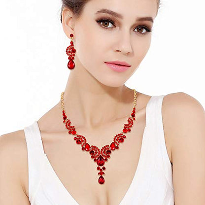 EVER FAITH Rhinestone Crystal Bridal Floral Wave Teardrop Necklace Earrings Set - color: 2pcs_Red