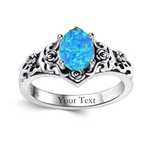 1 CT Oval Cut Gemstone Vintage Filigree Ring 925 Sterling Silver Retro Rose Teardrop Birthstone Statement Ring Anniversary Jewelry Gifts for Women Ring Size 4-13 - color: Blue Opal