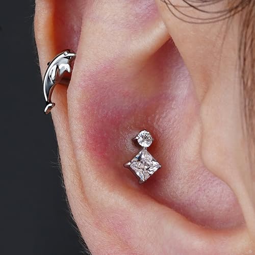 FINE4U 1PC 16G ASTM F136 Titanium Octopuses Piercings Jewelry with 6mm 8mm Post for Conch Helix Flat Labret 16G 6mm 8mm - color: Dolphins - Gold