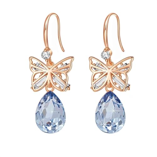 Austrian Crystal Teardrop Butterfly Drop Dangle Earrings for Women 14K Rose Gold Plated Hypoallergenic Jewelry - color: Light Blue