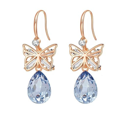 Austrian Crystal Teardrop Butterfly Drop Dangle Earrings for Women 14K Rose Gold Plated Hypoallergenic Jewelry - color: Light Blue