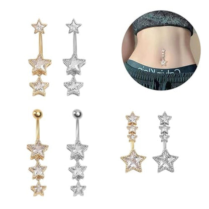 3Pcs 14G Stainless Steel Dangle Belly Button Rings Cubic Zirconia Heart Star Round Belly Navel Barbell Rings Belly Piercing Jewelry for Women - style: Silver Star