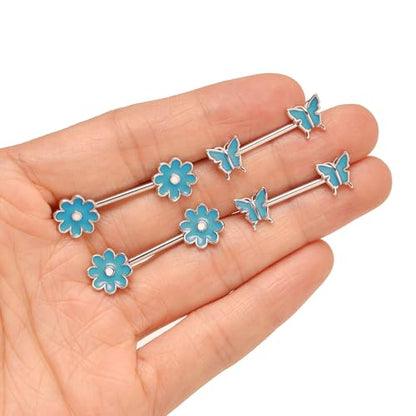 9 Pairs Nipple Rings Stainless Steel Heart Butterfly Moon Flower CZ Barbell Tongue Rings Set Cute Nipplerings Piercing Jewelry for Women Pink Silver Tone - color: C: Blue Tone