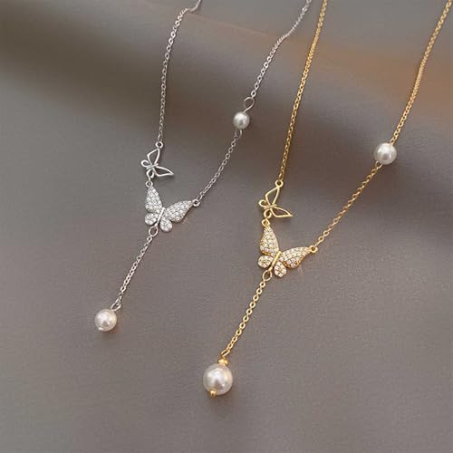 Bohemian Butterfly Pendant Necklace Teardrop Pearl Y Necklace Chain Vintage Pearl Y Lariat Necklace Pearl Y Drop Chain Necklace Gold Butterfly Sweater Chain Necklace Jewelry for Women and Te