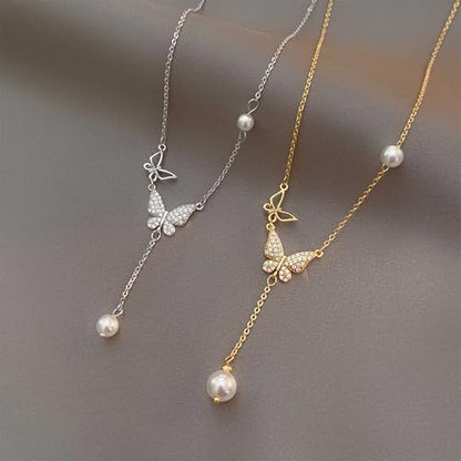 Bohemian Butterfly Pendant Necklace Teardrop Pearl Y Necklace Chain Vintage Pearl Y Lariat Necklace Pearl Y Drop Chain Necklace Gold Butterfly Sweater Chain Necklace Jewelry for Women and Te