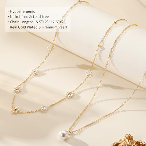 Ritach Pearl Necklaces for Women - Real Gold Plated Dainty Pearl Necklace Daisy Round Drop Pearl Choker Necklace Layered Gold Necklace for Women Teen Girls Bridesmaid Wedding Birthday Gifts - style: Gold-Layered Daisy Pearl
