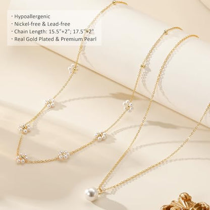 Ritach Pearl Necklaces for Women - Real Gold Plated Dainty Pearl Necklace Daisy Round Drop Pearl Choker Necklace Layered Gold Necklace for Women Teen Girls Bridesmaid Wedding Birthday Gifts - style: Gold-Layered Daisy Pearl