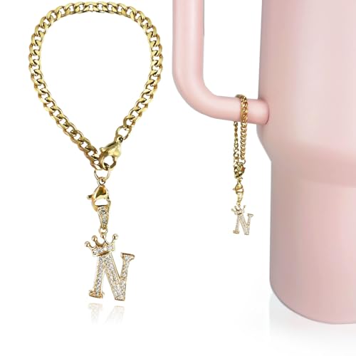 Cup Charms for Stanley Handle- Crown Letter Charms Accessories for Stanley Handle 40 Oz Tumblers Gold Initial Keychain Water Bottle Cup with Diamond Glitter Jewelry Personalized Decorations N - color: Letter N