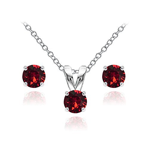 B. BRILLIANT Sterling Silver Small Dainty Crystal Solitaire Necklace & Stud Earrings Birthstone Jewelry Set for Women Bridesmaids - color: July - Red