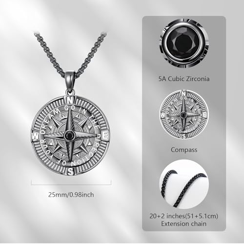 Compass Necklace Sterling Silver Nautical Graduation Gift | 925 Sterling Silver compass pendant with meaningful nautical design, jewelry for women, graduation and travel gift - color: Black-11