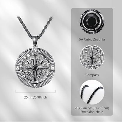 Compass Necklace Sterling Silver Nautical Graduation Gift | 925 Sterling Silver compass pendant with meaningful nautical design, jewelry for women, graduation and travel gift - color: Black-11