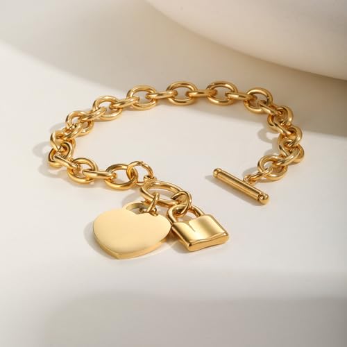 VNOX Personalized Initial Name Stainless Steel Trendy Cable Chain Bracelet Neckalce Set with Padlock Heart Charm and Toggle Clasp Closure - color: Gold Bracelet