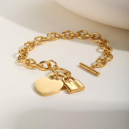 VNOX Personalized Initial Name Stainless Steel Trendy Cable Chain Bracelet Neckalce Set with Padlock Heart Charm and Toggle Clasp Closure - color: Gold Bracelet
