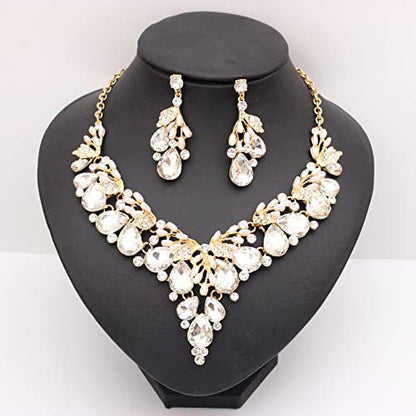 Jewelry Set for Women, Statement Necklace Dangle Earrings Bracelet Ring, White/KC Gold Plated Jewelry Set with Rhinestone Pearl Crystal Wedding Party Jewelry for Bridal Bridesmaid - color: White-Gold Plated