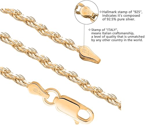 Savlano 925 Sterling Silver Chain Anklet Rope, Figaro, Mariner, Curb - 18K Gold Plated Chain Anklet Available in 9, 10 and 11 - Inches for Women Comes with a Gift Box - Made in Italy - style: Rope 1.5mm