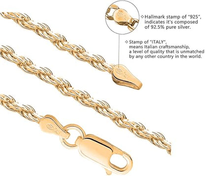 Savlano 925 Sterling Silver Chain Anklet Rope, Figaro, Mariner, Curb - 18K Gold Plated Chain Anklet Available in 9, 10 and 11 - Inches for Women Comes with a Gift Box - Made in Italy - style: Rope 1.5mm