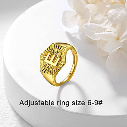 U7 Initial Ring Wedding Band for Men Women 18K Gold Plated Statement Hexagon A-Z Letter Jewelry Personalized Stackable Signet Rings - color: E