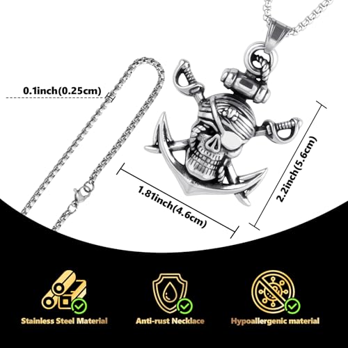 Stainless Steel Gothic Y2K Punk Rock Emo Biker Pendant Necklace | Cosplay Vintage Viking Alt Edgy Fashion Charm Necklace Jewelry for Men Women Active Daily Wear - style: Skull Pirate Anchor