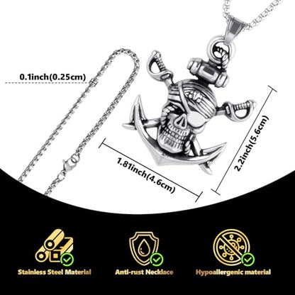 Stainless Steel Gothic Y2K Punk Rock Emo Biker Pendant Necklace | Cosplay Vintage Viking Alt Edgy Fashion Charm Necklace Jewelry for Men Women Active Daily Wear - style: Skull Pirate Anchor