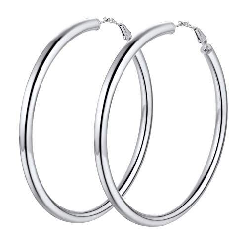 PROSTEEL Chunky Hoop Earrings for Women 14K Gold Plated/Black/Silver | 20/30/40/50/60/70/80mm Stainless Steel Thick Big Round Hoop with Waterproof and Non Tarnish Trendy Jewelry with Gift Box - color: 1. Silver, size: 80MM