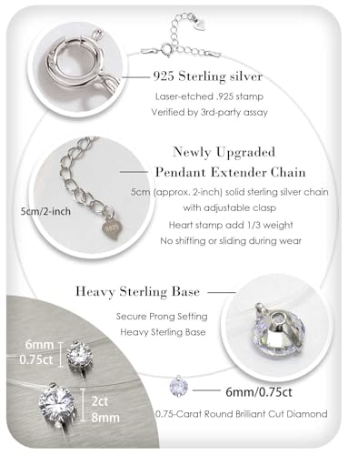 Teardrop 925 Silver CZ Floating Pendant Necklace 16 Inch Cubic Zirconia Invisible Necklace, Hypoallergenic, Jewelry Gifts for Women Anniversary Birthday - color: Round-Shaped_6MM