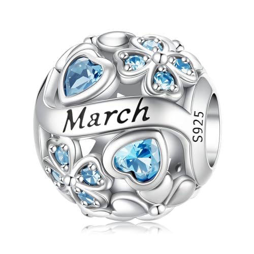 HappyStar 925 Sterling Silver Four Leaf Clover Bead Charm with Cubic Zirconia Birthstone Charms for Bracelets Dangle Pendant Compatible Pandora Bracelets Lucky Charm Birthday Gift - color: 3-March Birthstone Bead