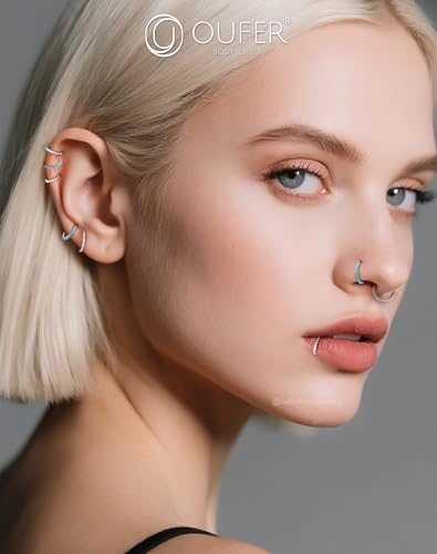 OUFER Turquoise CZ Opal Nose Rings for Women, 316L Surgical Steel 6MM Nose Rings Hoops, Silver Hinged Segment Septum Lip Eyebrow Cartilage Conch Rook Helix Tragus Daith Piercing Jewelry-6/7/8MM - color: Silver, Turqoise, Opal, CZ