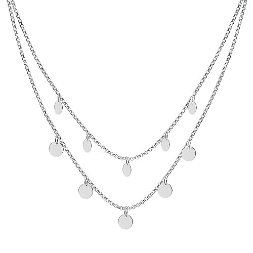 LeCalla Italian Sterling Silver Layered Necklace Handmade Multi Row Layering Necklaces for Women - color: Disc Layered
