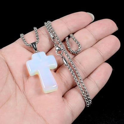 Justinstones 32mm Gemstone Carved Cross Reiki Chakra Pendant With Stainless Steel Necklace 22 Inch - color: Synthetic Opalite