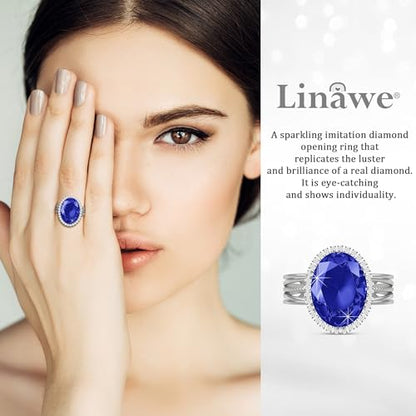 Linawe Costume Jewelry Adjustable Cocktail Ring for Women | Copper, Rhinestone, Cubic Zirconia, Oval, Fake Diamond, Crystal, Stone, Birthstone, Gemstone, Big, Chunky, Statement - color: White Navy
