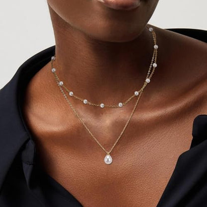 Dainty Pearl Necklace for Women Gold Plated Bridal Wedding Jewelry Trendy Cute Lariat Pearl Pendant Drop Charm Choker Stackable Necklace Gift for Women Mom Sister Daughter - color: J.2pcs