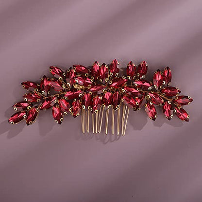 Teyglen Women Dainty Simple Full Rhinestones Hair Comb, Wine Red, 15 *6cm/5.9 *2.36 inches, Alloy+Rhinestones, 1 Count, for Women Bride Girls and Special Occasions - color: Wine Red