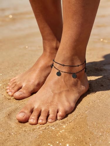 U7 Silver/Gold/Black Ankle Bracelets for Women Layered Chain Anklets | Stainless Steel Anklets Waterproof Summer Beach Anklet Charm, Adjustable 8.5"-10.5",Layered Anklet Fashion - color: Black - Ball Chain+Paperclip Chain