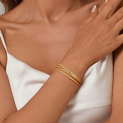 Awinesn 18K Gold Plated Bangles for Women Stainless Steel Glossy Stackable Thin Round Bracelets Solid Plain Polished Bangles Bracelets Set of 3 Jewelry for Women - size: 8 inches, style: round-3-G