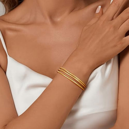 Awinesn 18K Gold Plated Bangles for Women Stainless Steel Glossy Stackable Thin Round Bracelets Solid Plain Polished Bangles Bracelets Set of 3 Jewelry for Women - size: 8 inches, style: round-3-G