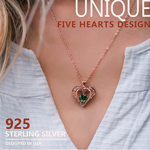 5 Heart I Love You Necklace for Women, Birthstone Crystal Pendant, Birthday Gift for Her, Wife, Mom, Rose Gold or Gunmetal Plated, 925 Sterling Silver Chain 18"+2" - color: 05-May-Emerald Green-Rose Gold Plated
