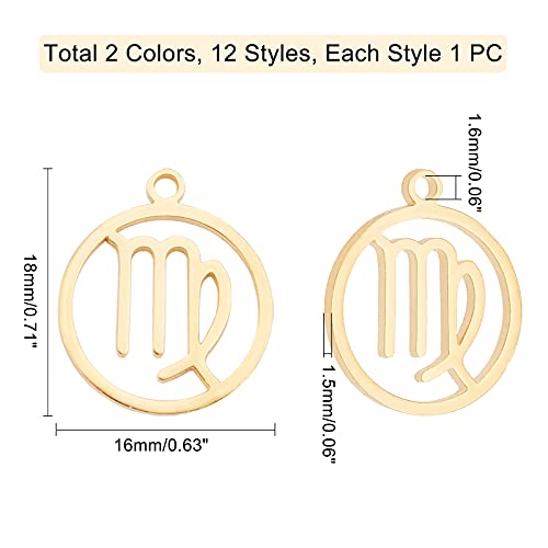 UNICRAFTALE 24pcs Zodiac Sign Charms Golden & Stainless Steel Color Round with Constellations Pendants Stainless Steel Pendants Metal Charms for Jewelry Making 18mm Long
